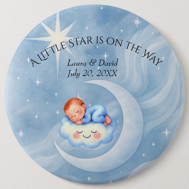 Macaron Rond 15,2 Cm Baby Boy Douche Invitation Lune Étoiles Aquarelle (Devant)