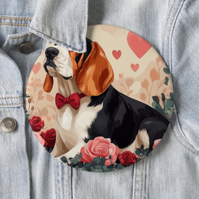 Macaron Rond 15,2 Cm Basset Hound avec Roses - Saint Valentin (En situation)