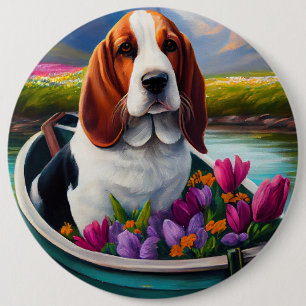 Macaron Rond 15,2 Cm Basset Hound Dog on a Paddle: A Scenic Adventure
