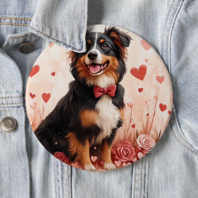 Macaron Rond 15,2 Cm Berger australien avec Rose - Saint Valentin (En situation)
