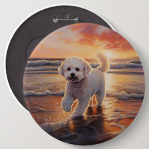 Macaron Rond 15,2 Cm Bichon Frise Sandy Paws sur la plage au coucher du