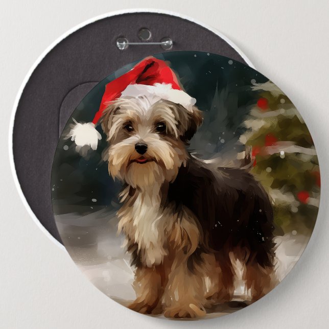 Macaron Rond 15,2 Cm Biewer Terrier Chien dans Noël de neige (Devant & derrière)