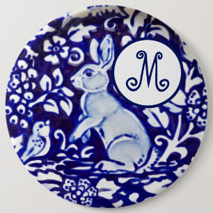 Macaron Rond 15,2 Cm Bleu Blanc Rabbit Oiseau Floral Monogramme Élégant