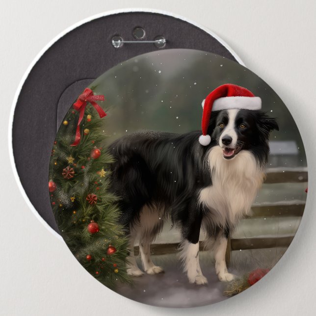Macaron Rond 15,2 Cm Border Collie dans la neige Noël (Devant & derrière)