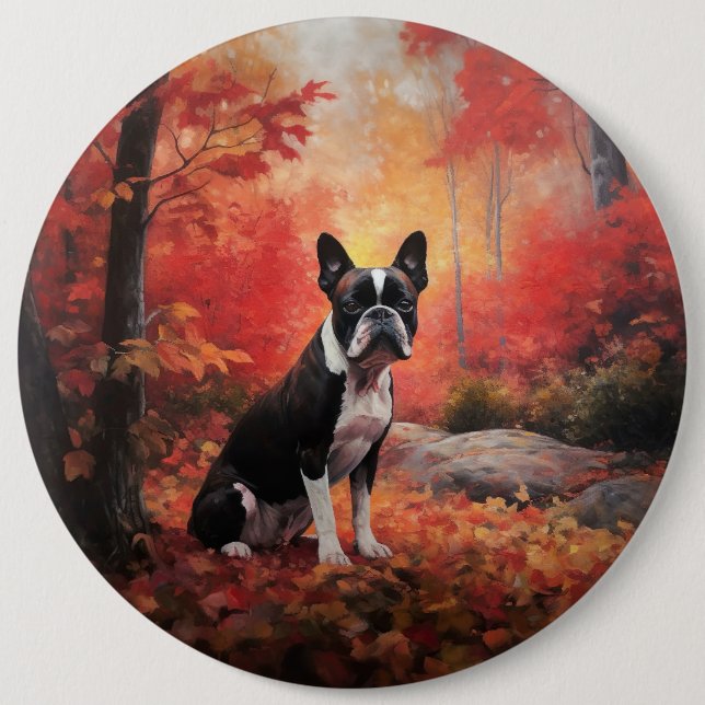 Macaron Rond 15,2 Cm Boston Terrier à l'automne Leaves automne Inspire (Devant)