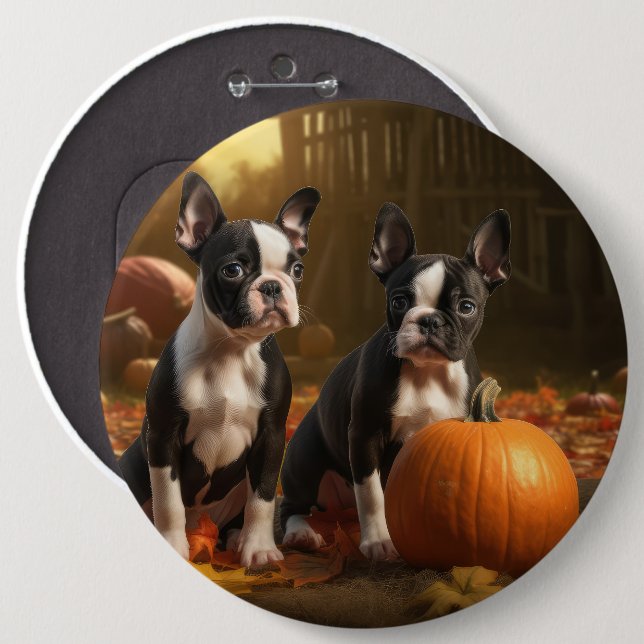 Macaron Rond 15,2 Cm Boston Terrier Puppy Automne Citrouille de plaisir (Devant & derrière)