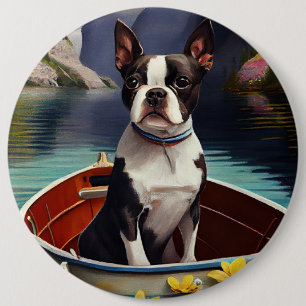 Macaron Rond 15,2 Cm Boston Terrier sur un Paddle : Une Aventure Scéniq