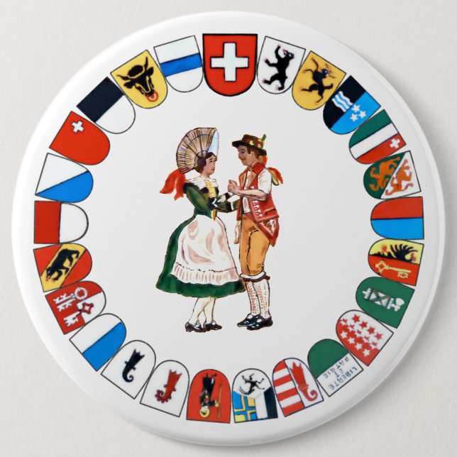 Macaron Rond 15,2 Cm Bouton cantons et danseurs suisses (Devant)