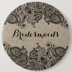 Macaron Rond 15,2 Cm Bouton Faux Linen & Black Paisley Lace Bridesmaids