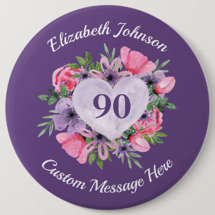 Macaron Rond 15,2 Cm Bouton personnalisé violet 90e anniversaire