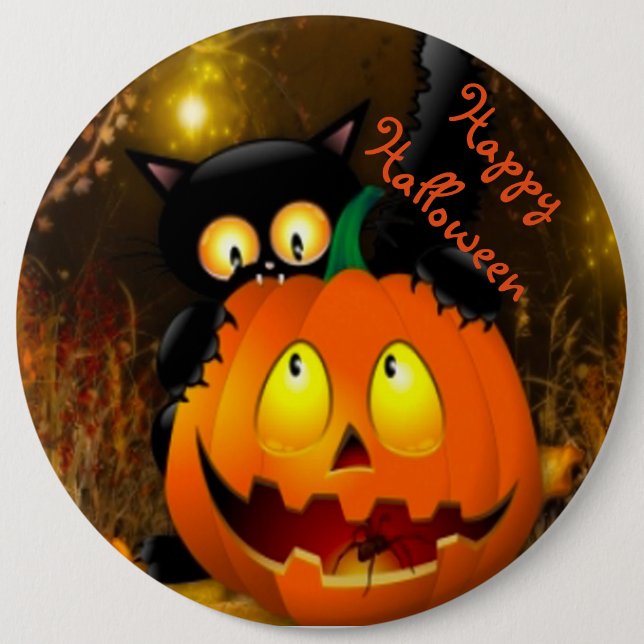 Macaron Rond 15,2 Cm Bouton rond Halloween/Chat noir et Citrouille (Devant)