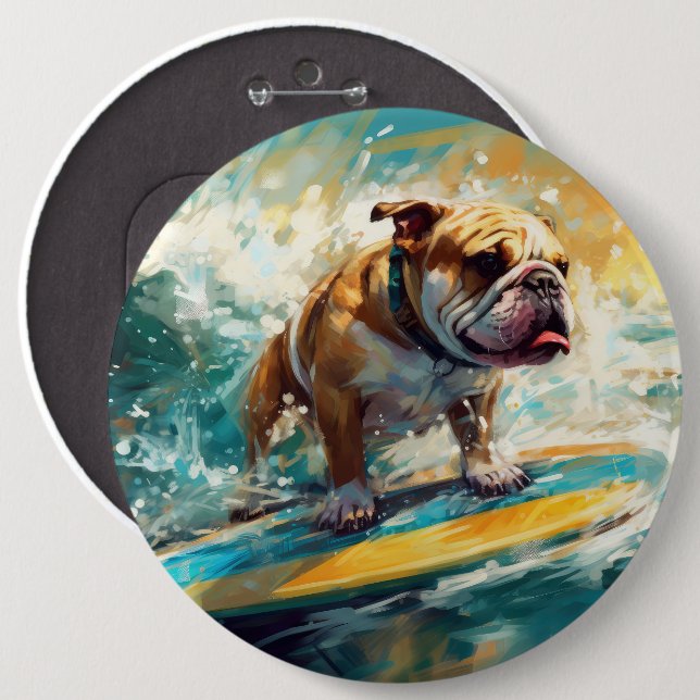 Macaron Rond 15,2 Cm Bulldog Beach Surf Peinture (Devant & derrière)