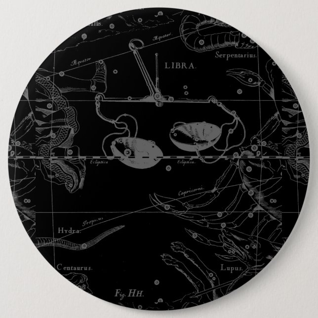 Macaron Rond 15,2 Cm Carte Libra Constellation Hevelius 1690 sur Noir (Devant)