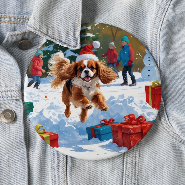 Macaron Rond 15,2 Cm Cavalier King Charles Spaniel Neige avec Noël (En situation)
