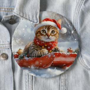 Macaron Rond 15,2 Cm Chat Bengal dans un traîneau Laissez neige Noël