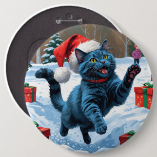Macaron Rond 15,2 Cm Chat bleu russe à la neige avec Casquette de Noël