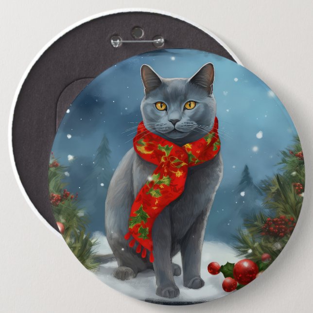 Macaron Rond 15,2 Cm Chat bleu russe à Noël de neige (Devant & derrière)