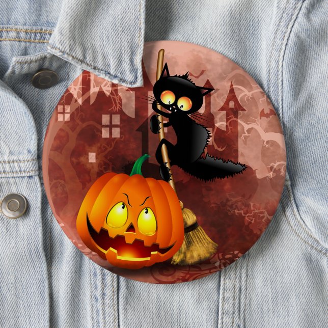 Macaron Rond 15,2 Cm Chat effrayé par Citrouille Fun Halloween caractèr (En situation)