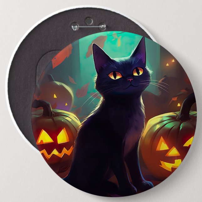 Macaron Rond 15,2 Cm Chat Halloween Tuxedo Avec Peur Citrouille (Devant & derrière)