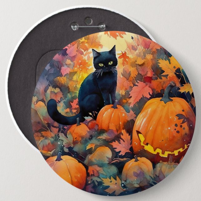 Macaron Rond 15,2 Cm Chat noir d'Halloween avec la peur Citrouille (Devant & derrière)