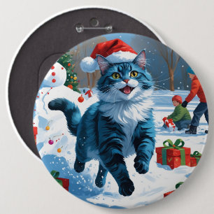 Macaron Rond 15,2 Cm Chat Oriental Bleu Assis dans un Chapeau de Noël e
