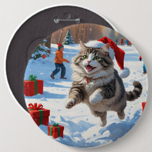 Macaron Rond 15,2 Cm Chat Sibérien Courant dans la Neige avec un Chapea