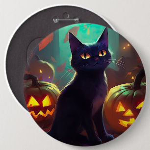 Macaron Rond 15,2 Cm Chat Tuxedo d'Halloween avec des citrouilles effra