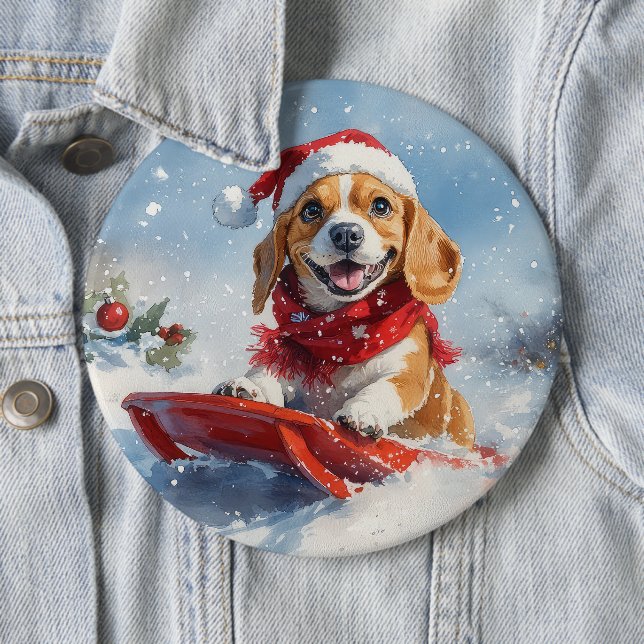 Macaron Rond 15,2 Cm Chien Beagle en Traîneau Qu'il neige Noël (En situation)