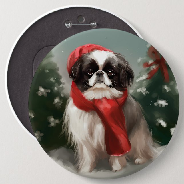 Macaron Rond 15,2 Cm Chien chinois japonais à Noël de neige (Devant & derrière)