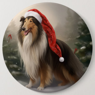 Macaron Rond 15,2 Cm Chien Colley à poil long dans la neige de Noël