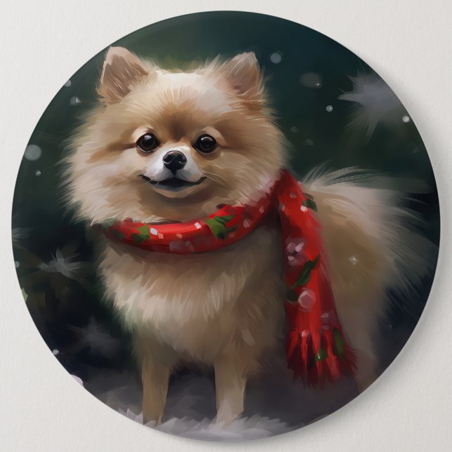 Macaron Rond 15,2 Cm Chien de Poméranie en Noël de neige (Devant)