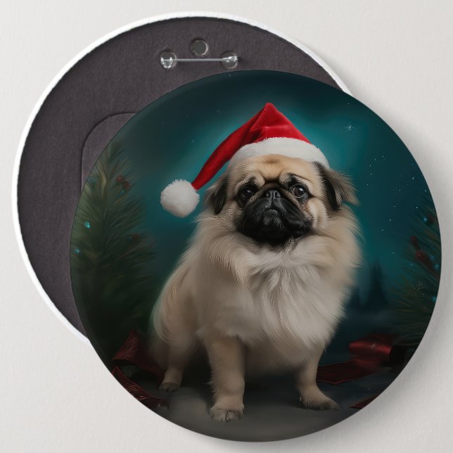 Macaron Rond 15,2 Cm Chien pekingese pendant Noël de neige (Devant & derrière)