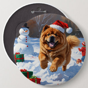 Macaron Rond 15,2 Cm Chow Chow courant dans la neige avec un chapeau de