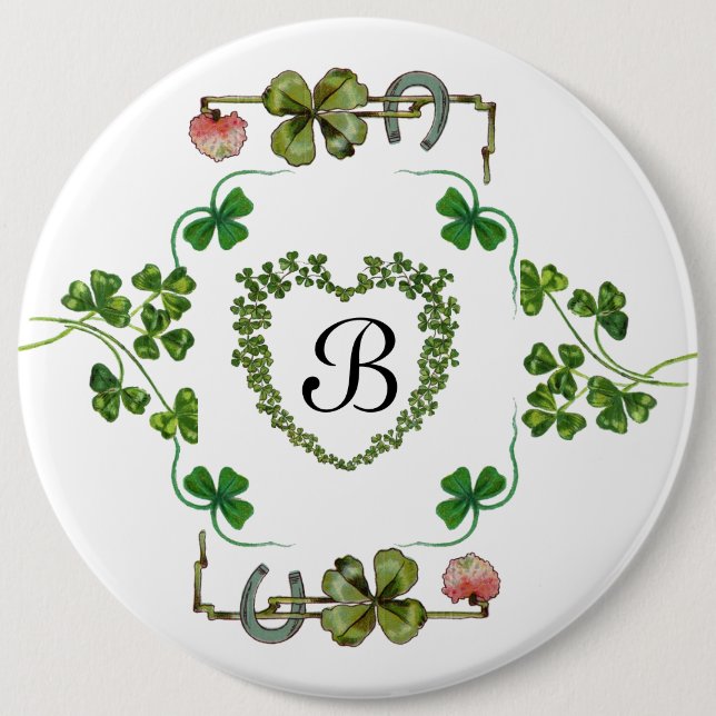 Macaron Rond 15,2 Cm COEUR shamrock, FLEURS, MONOGRAMME FLORAL VERT Bla (Devant)