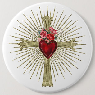 Macaron Rond 15,2 Cm Croix d'or Jésus coeur rouge et amour rose
