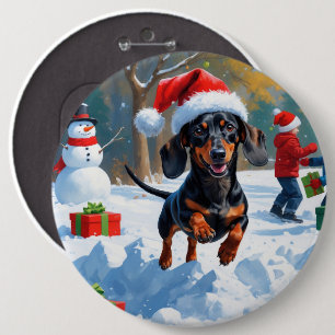 Macaron Rond 15,2 Cm Dachshund courant dans la neige avec un chapeau de