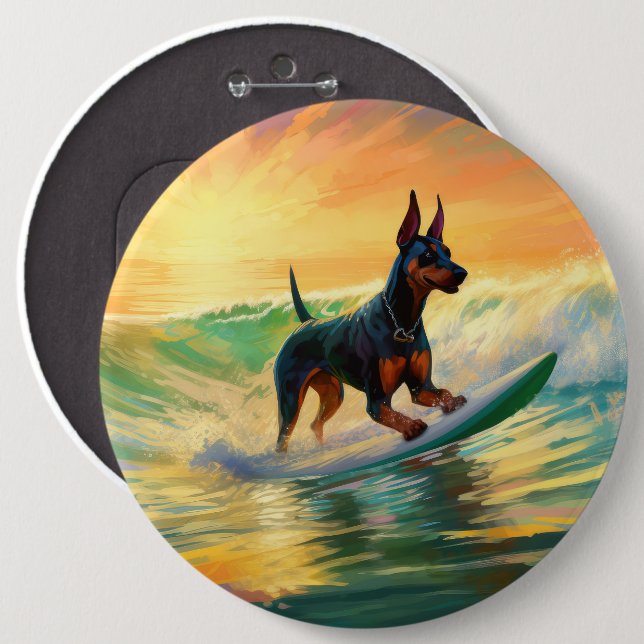 Macaron Rond 15,2 Cm Doberman Beach Surf Peinture (Devant & derrière)