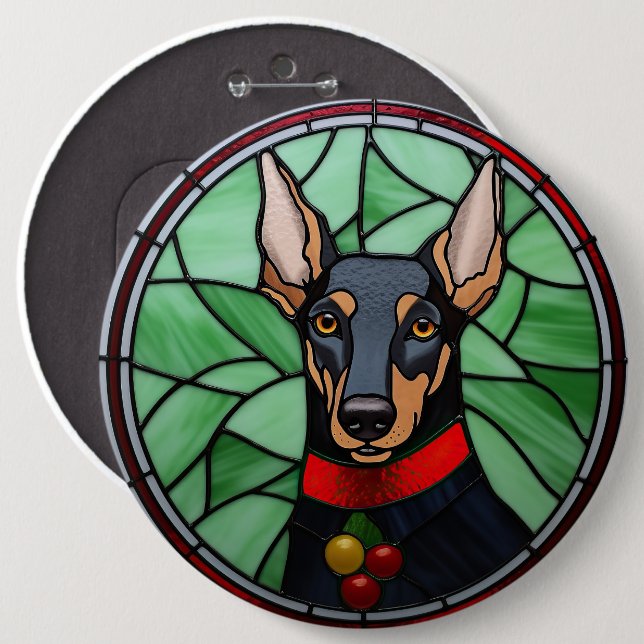 Macaron Rond 15,2 Cm Doberman Pinscher Vitrail Noël (Devant & derrière)