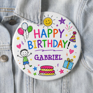 Macaron Rond 15,2 Cm Doodle Coloré Joyeux Anniversaire Nom Personnalisé