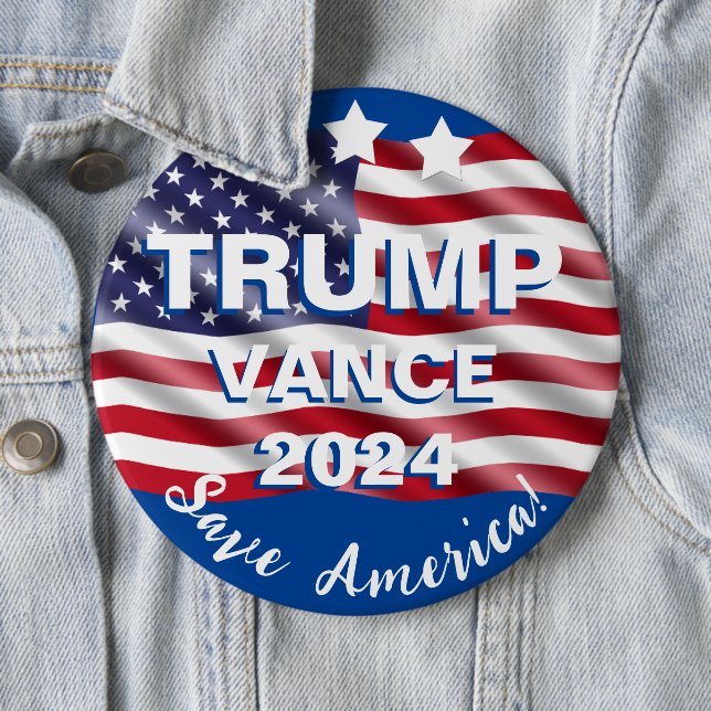 Macaron Rond 15,2 Cm Drapeau de Trump Vance 2024 Save America (En situation)