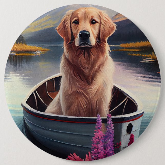 Macaron Rond 15,2 Cm Golden Retriever sur une pagaie : Une aventure pit (Devant)