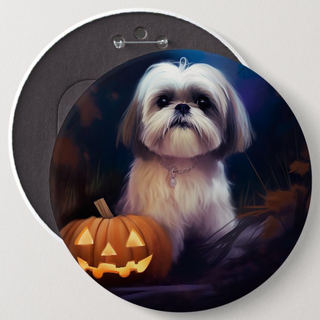 Macaron Rond 15,2 Cm Halloween Shih Tzu Avec La Peur Citrouille (Devant & derrière)