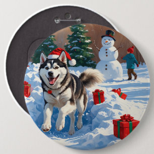Macaron Rond 15,2 Cm Husky sibérien courant dans la neige avec un chape