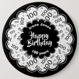 Macaron Rond 15,2 Cm Joyeux anniversaire, 100e Motif du numéro noir/bl