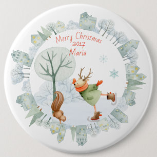 Macaron Rond 15,2 Cm Joyeux Noël Cerf de patinage sur glace en hiver