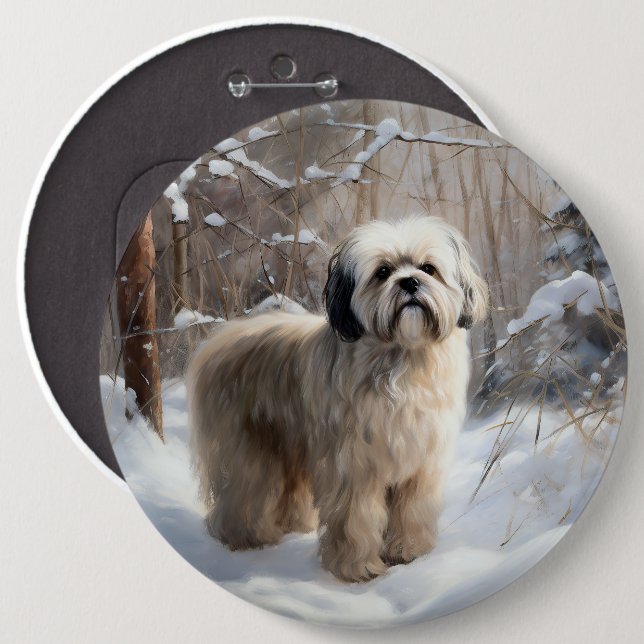 Macaron Rond 15,2 Cm Lhassa Apso Laisse Neige Noël (Devant & derrière)