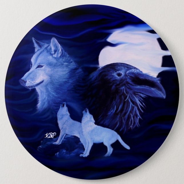 Macaron Rond 15,2 Cm Loups et corbeau avec pleine lune (Devant)