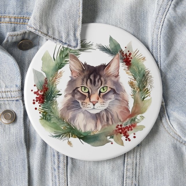 Macaron Rond 15,2 Cm Maine Coon Chat Noël Wreath Festive Kitten (En situation)