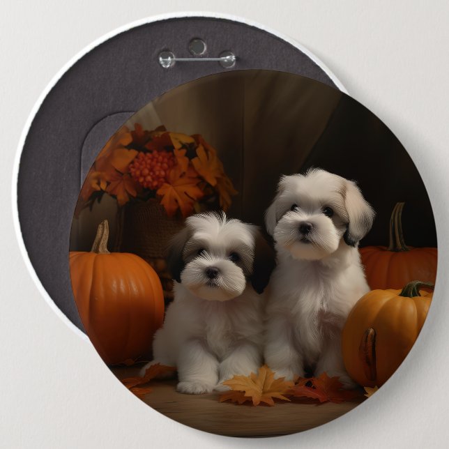 Macaron Rond 15,2 Cm Malti tzu Puppy Citrouille d'automne (Devant & derrière)