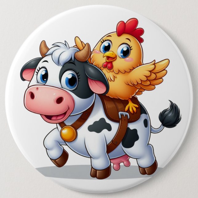Macaron Rond 15,2 Cm mignon vache/poulet caricature (Devant)